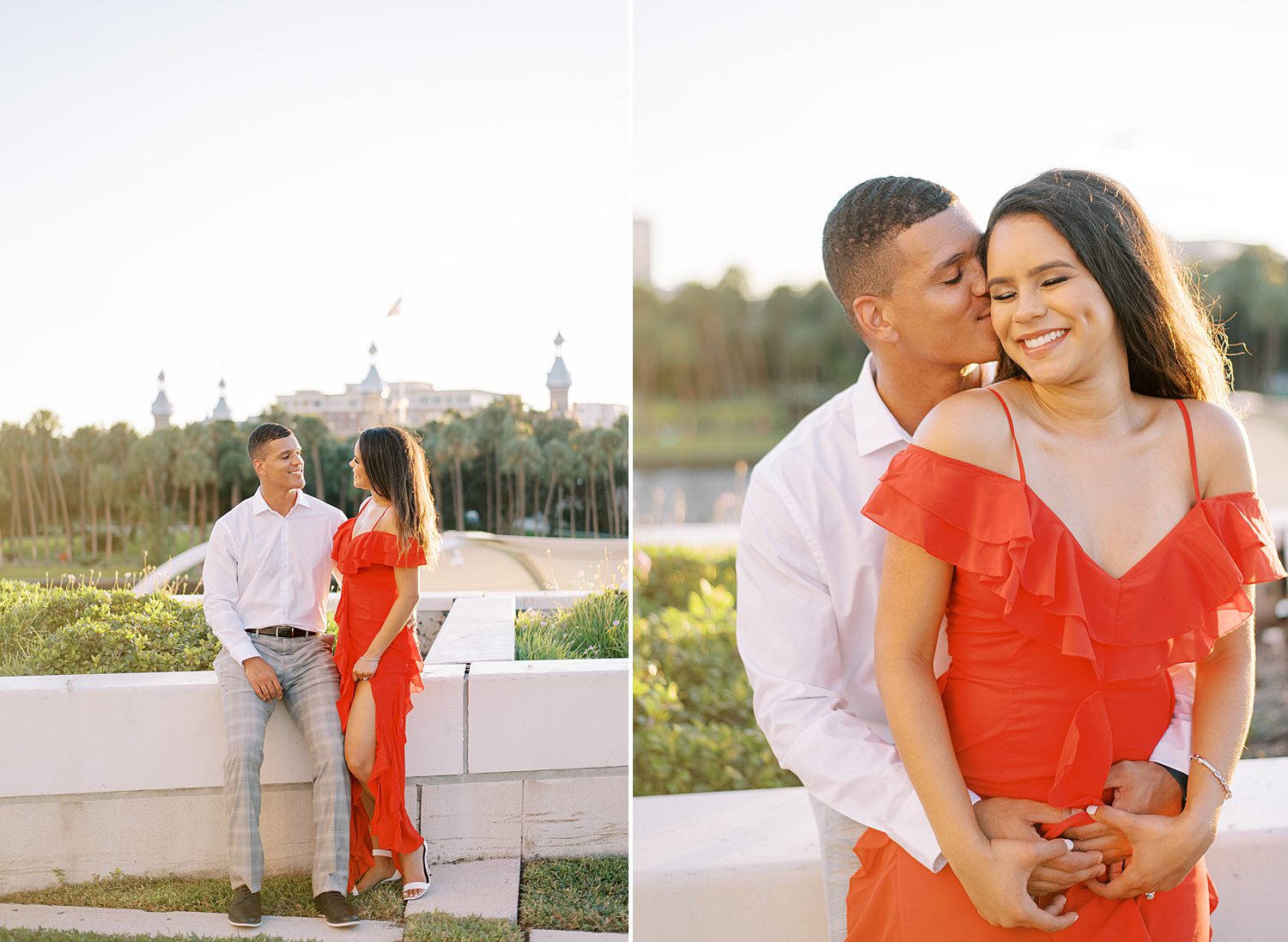 man hugs woman from behind during downtown Curtis Hixon Park engagement session