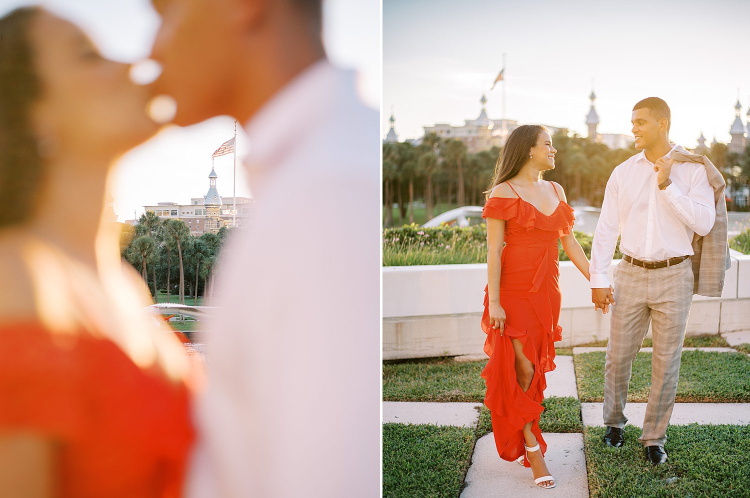 engaged couple kisses during downtown Tampa FL engagement session