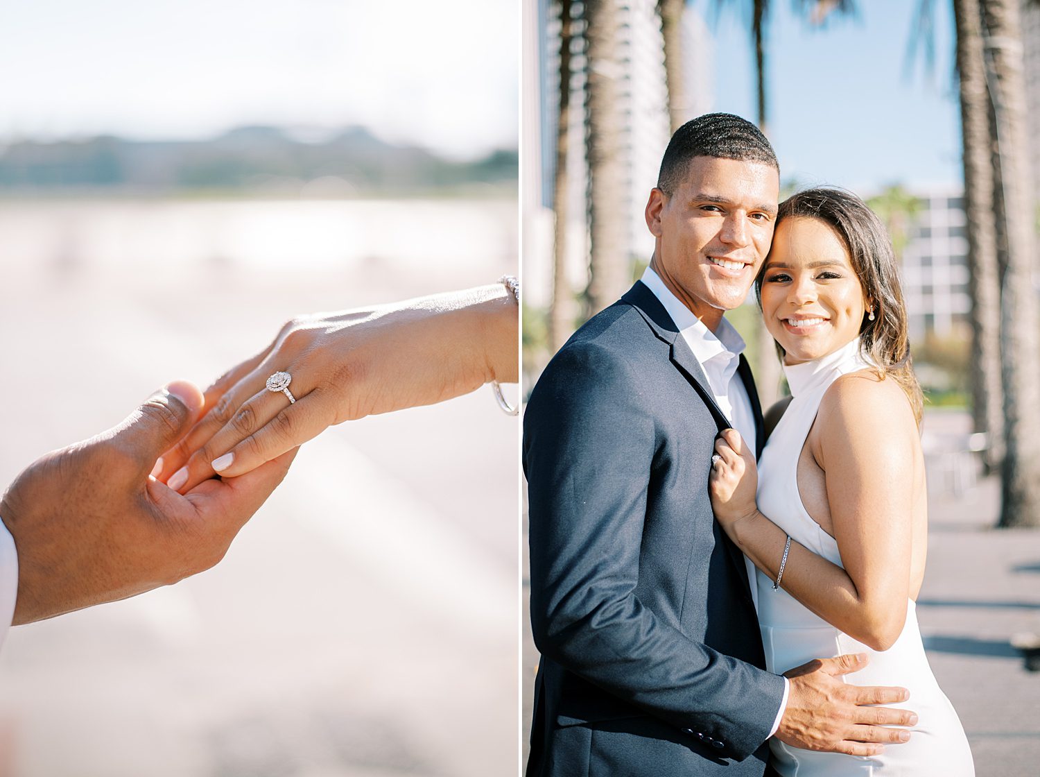 man holds woman's hand showing off engagement ring in Curtis Hixon Park