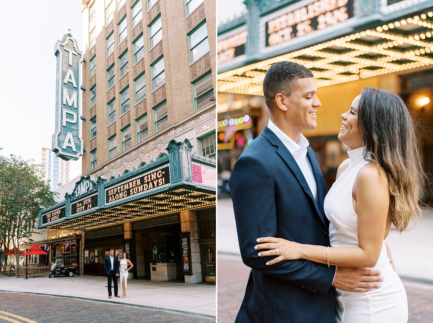 engaged couple hugs in front of marquee of theatre in Downtown Tampa FL