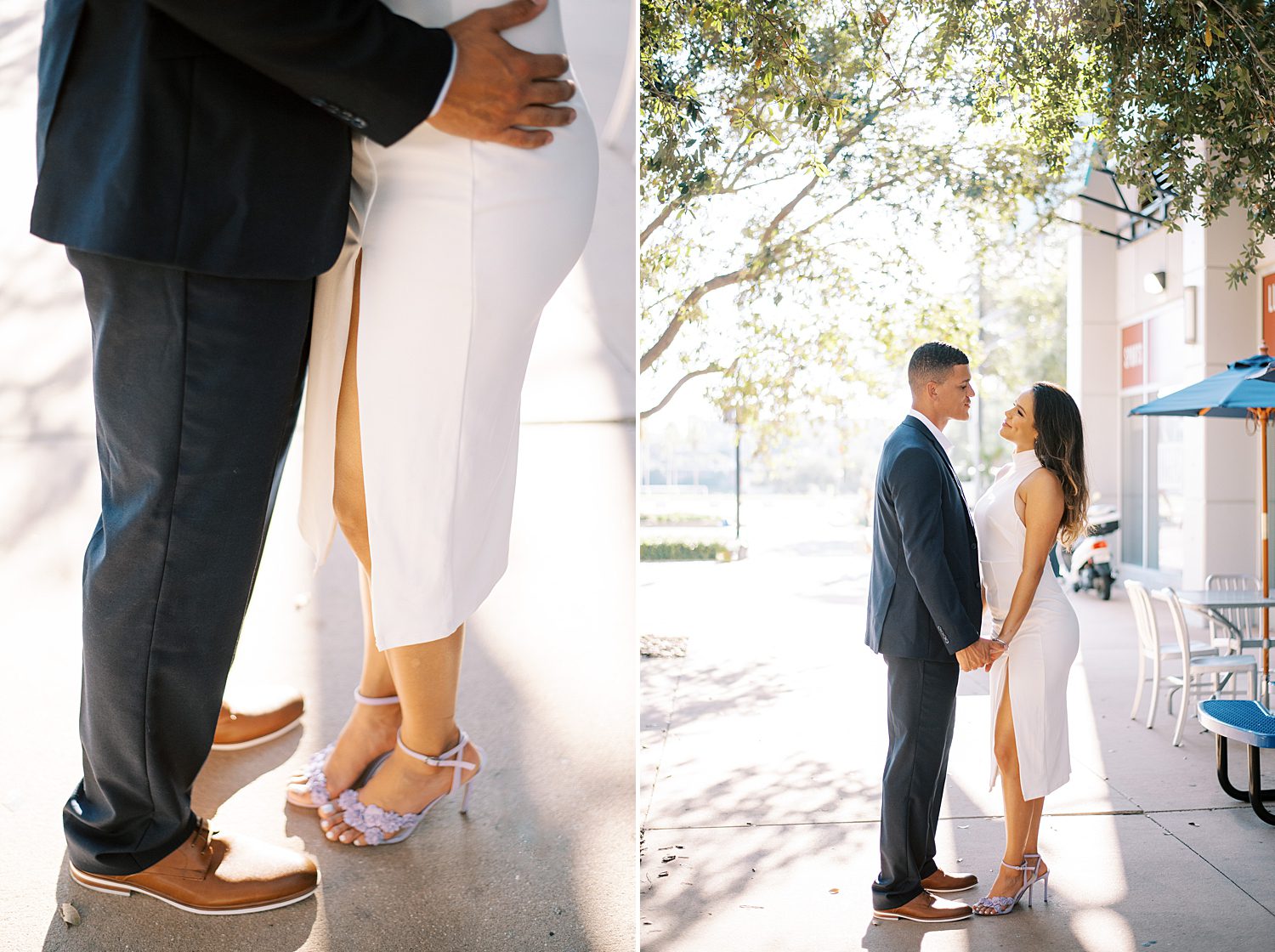 engaged couple holds hands on sidewalk in Downtown Tampa