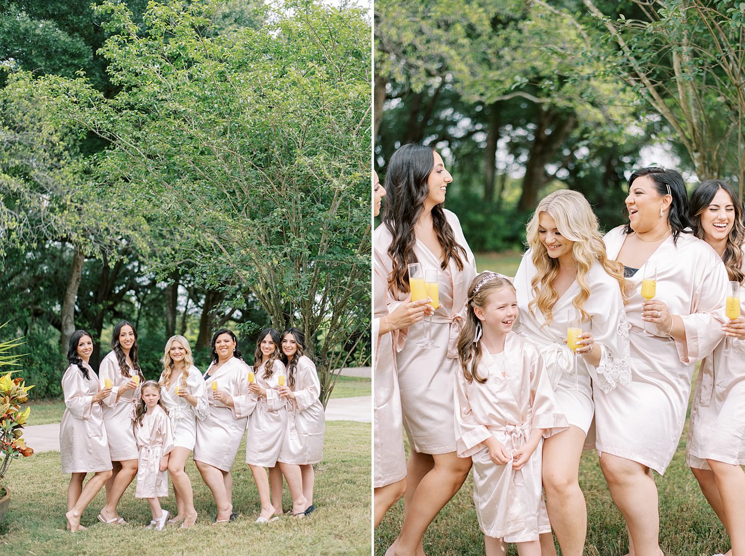 bride holds mimosas with bridesmaids on lawn at Mill Pond Estate