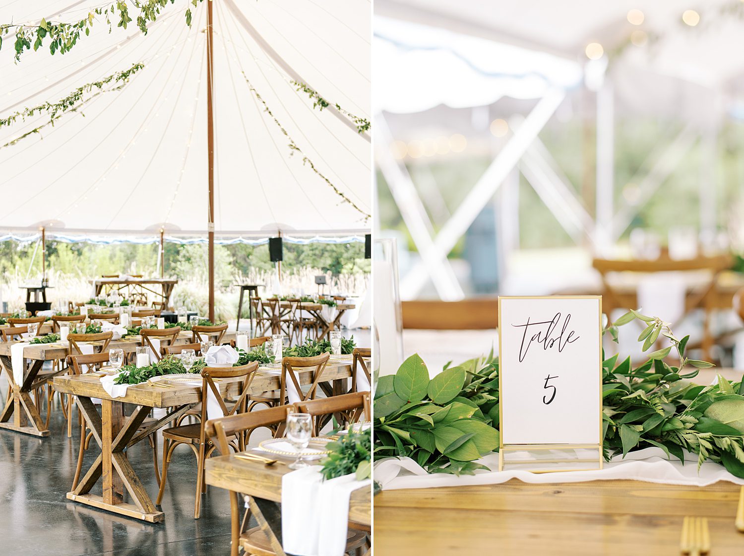 tented wedding reception with greenery table runners and wooden chairs 
