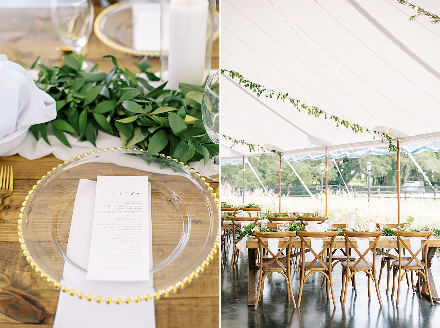 wedding reception tent with greenery from top with gold rimmed plate and white napkins