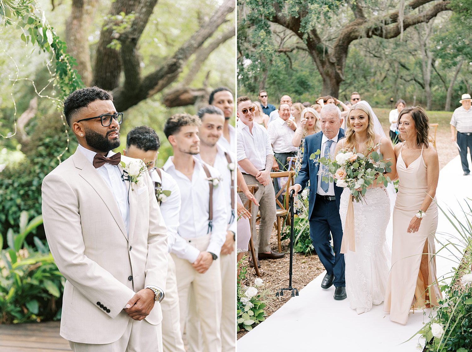 groom looks at bride walking down aisle in Tampa FL