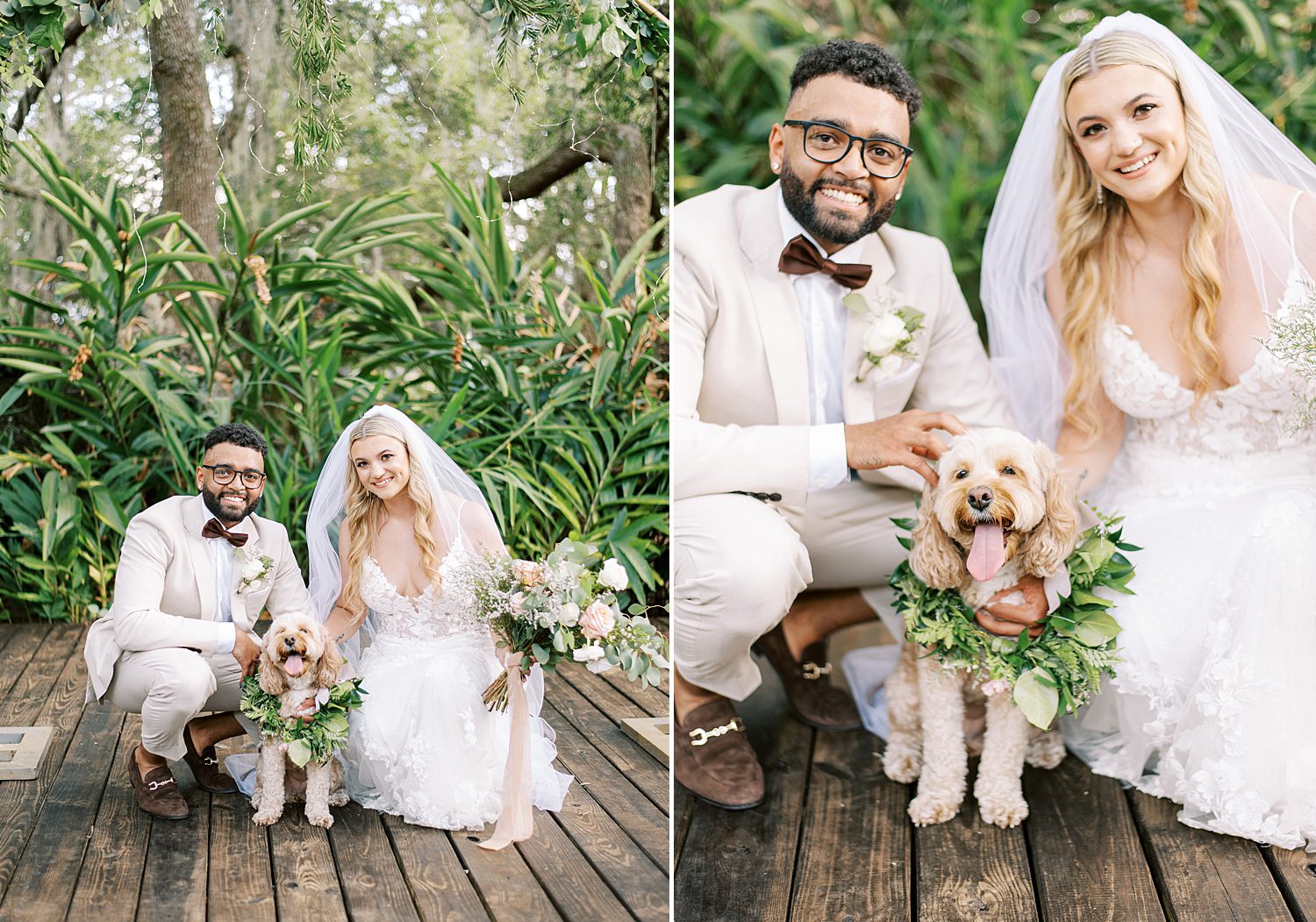 bride and groom kneel with golden dog with greenery collar 