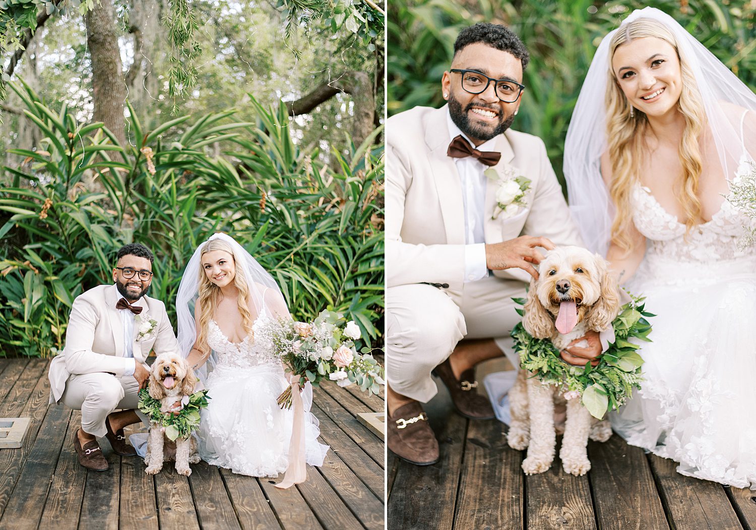bride and groom kneel with golden dog with greenery collar