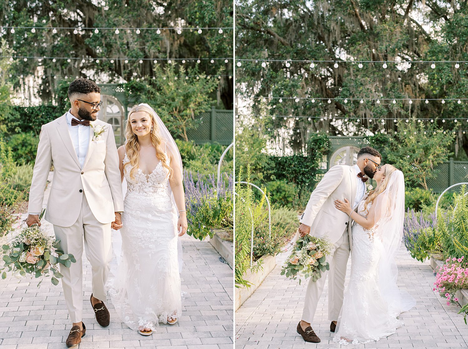 bride and groom hold hands walking through gardens at Mill Pond Estate