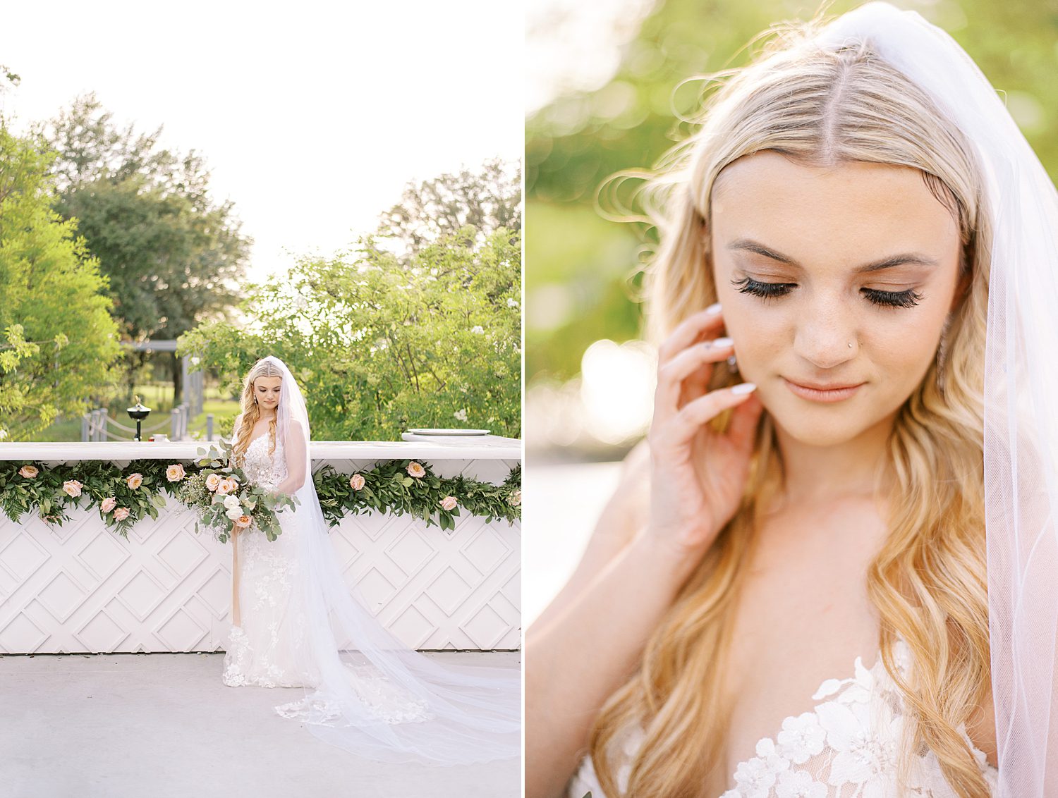 woman in wedding gown with veil around shoulders looks down at Mill Pond Estate