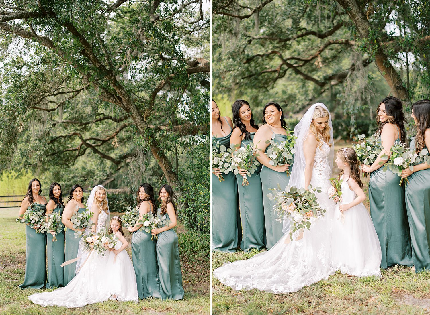 bride poses with bridesmaids in teal gowns and flower girls at Mill Pond Estate