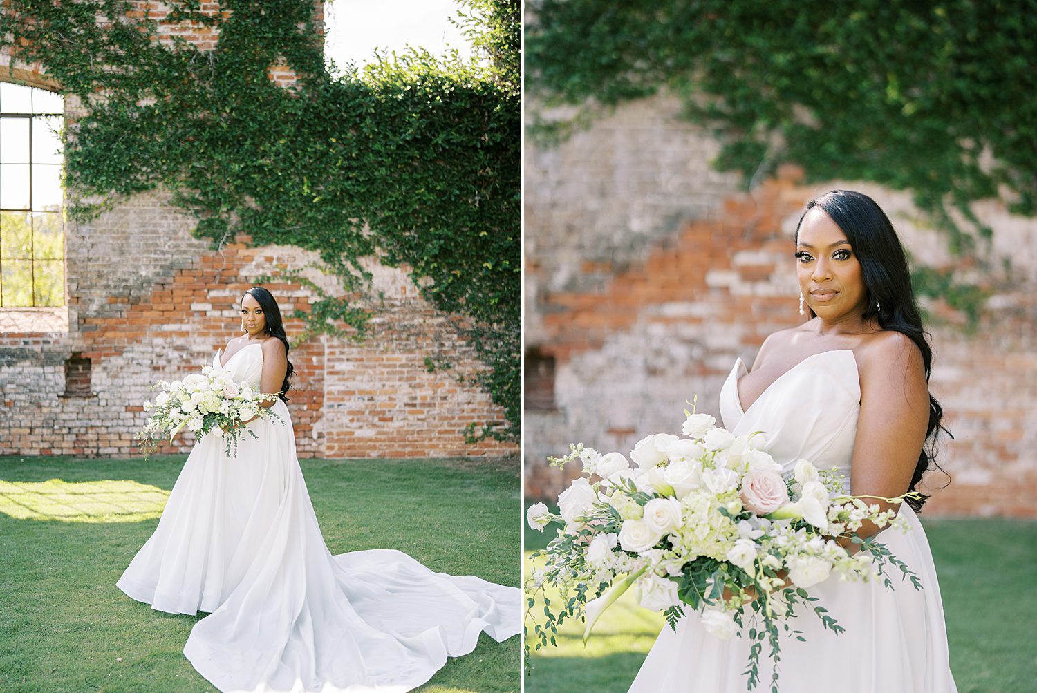 bride holds bouquet of ivory flowers in front of brick wall covered in ivy at The Bibb Mill Event Center