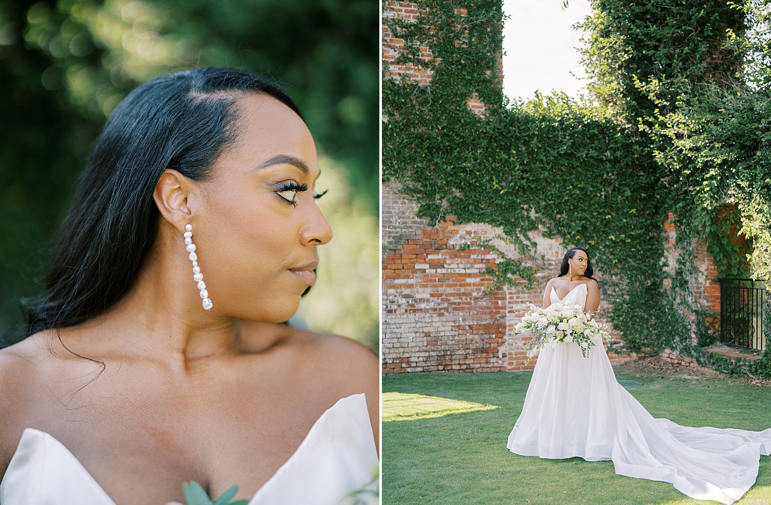 bride looks to right showing off dangling earrings in strapless wedding gown