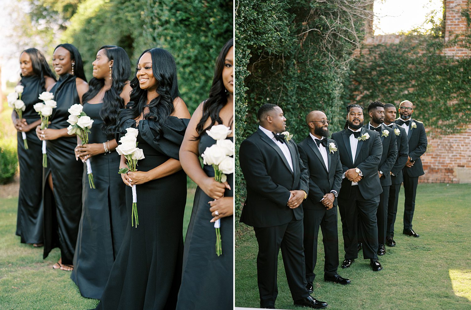 bride poses in mismatched bridal gowns in black and groomsmen stand in tuxes
