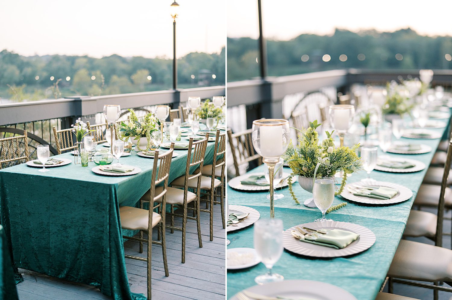 outdoor cocktail hour with plates and flowers on teal velvet table cloth