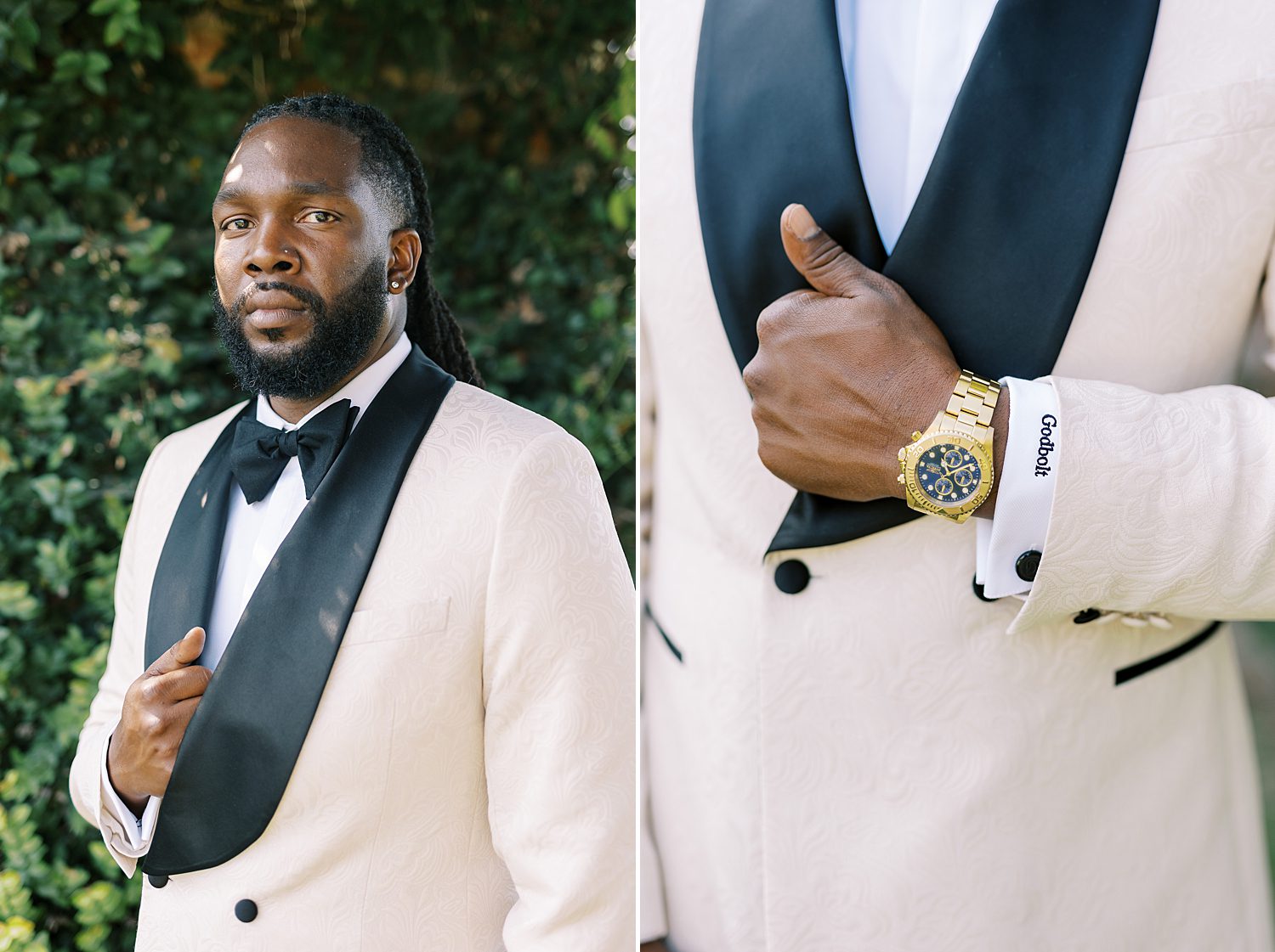 groom wears white suit with black lapels for Georgia wedding day