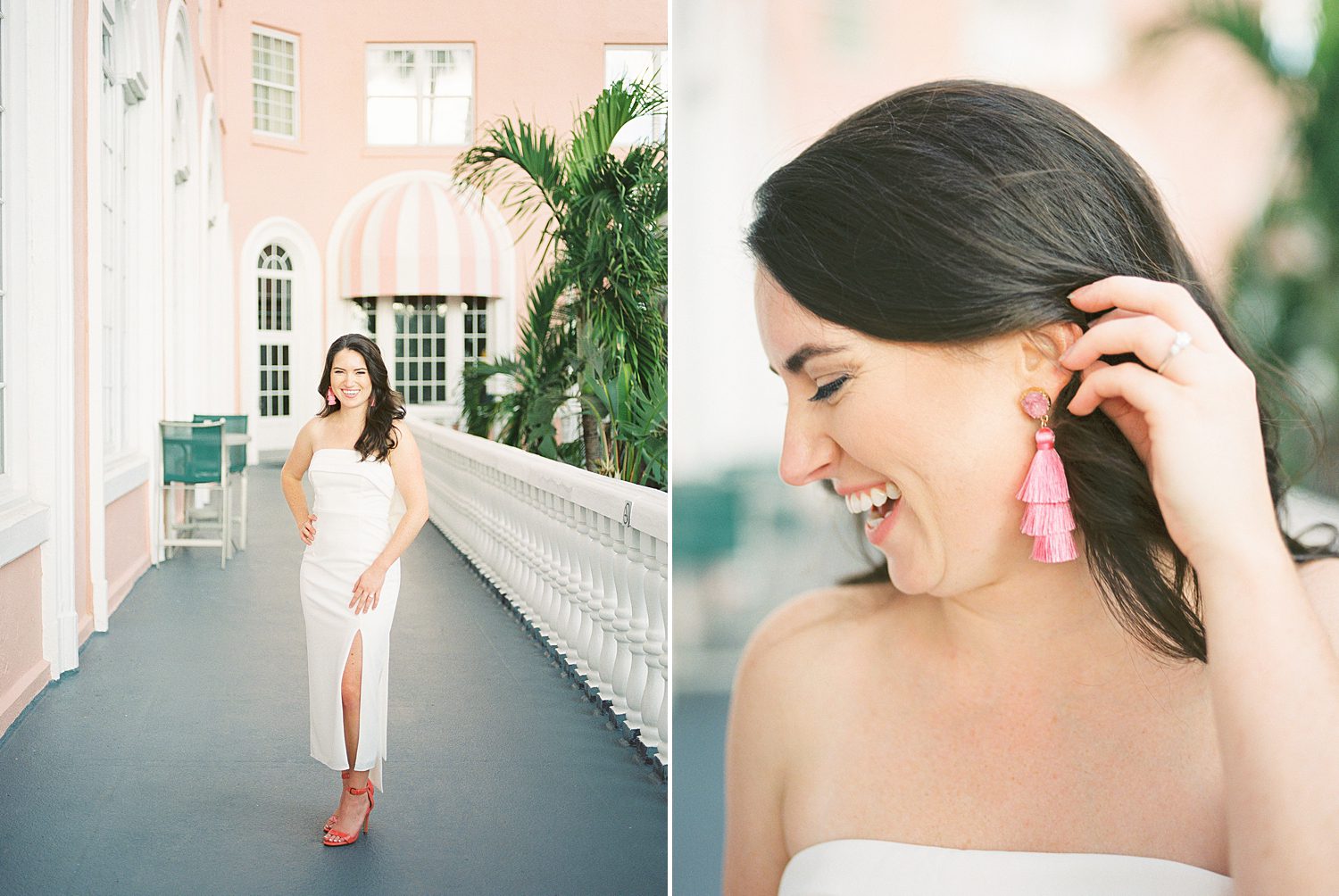 woman in white dress shows off pink earrings during The Don Cesar Hotel engagement session