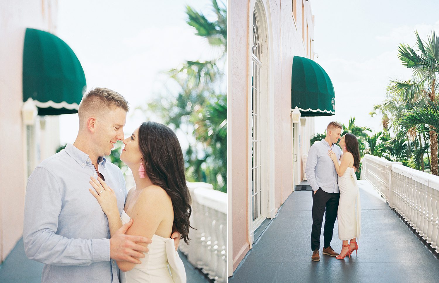 couple hugs near green awning during The Don Cesar Hotel engagement session