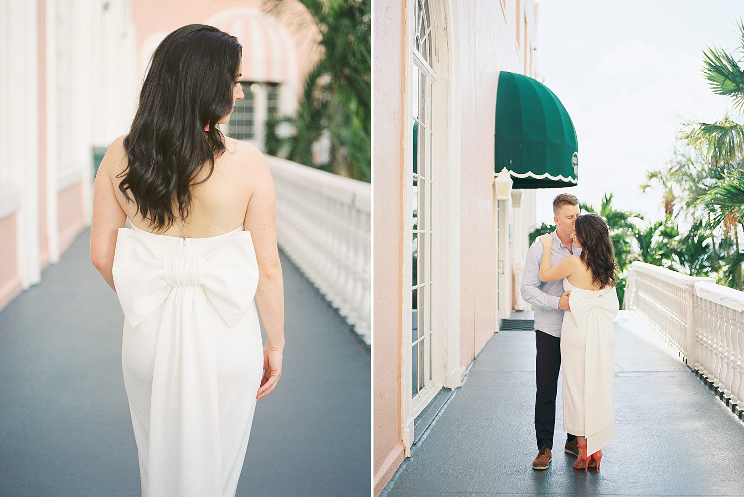 woman in white dress with bow on back walks on patio at The Don Cesar Hotel