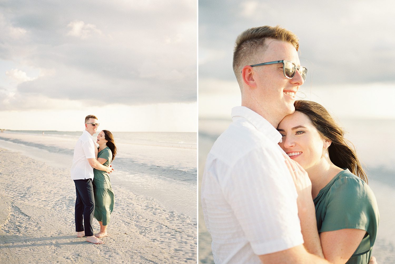 woman in green dress leans against fiancee in white shirt on beach in Tampa FL