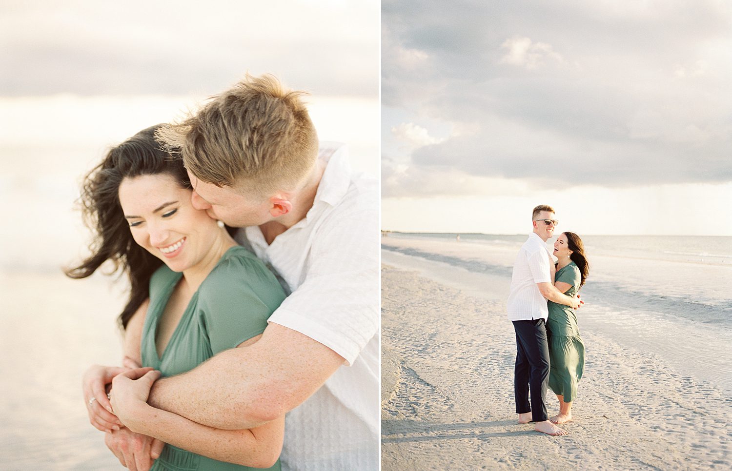 couple hugs on beach during engagement photos in Tampa FL
