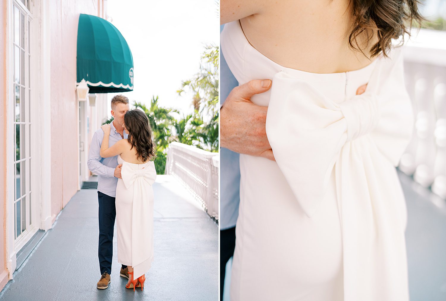 man hugs woman showing off bow on back of her dress at the Don Cesar Hotel