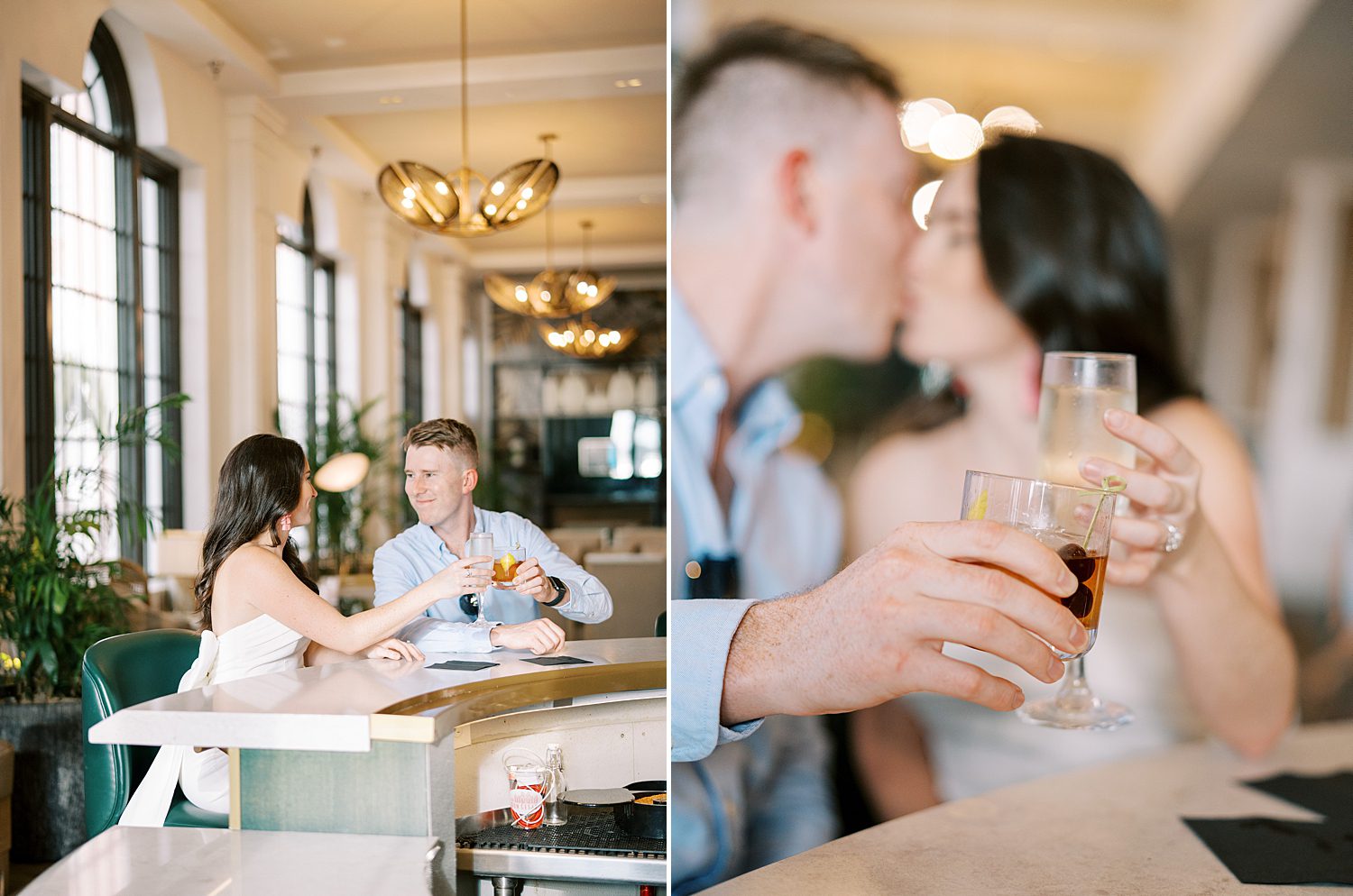 engaged couple toasts drinks at bar during The Don Cesar Hotel engagement session