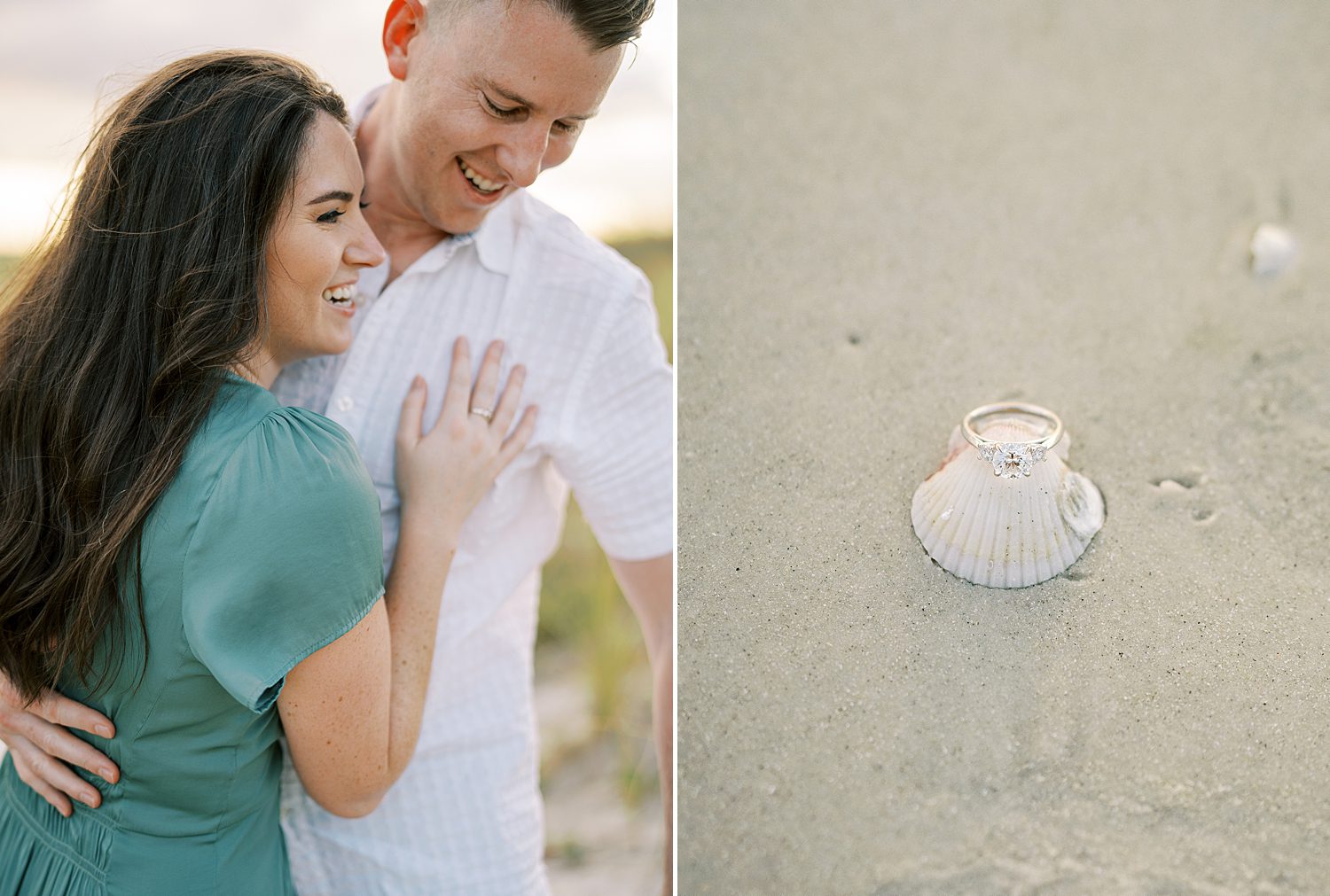 engagement ring rests on white shell on Tampa beach 