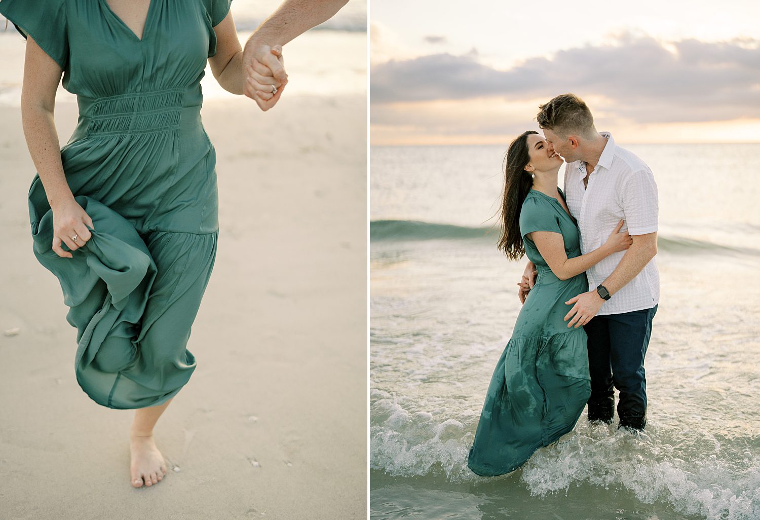 couple kisses on beach in Tampa FL while water moves around their ankles 