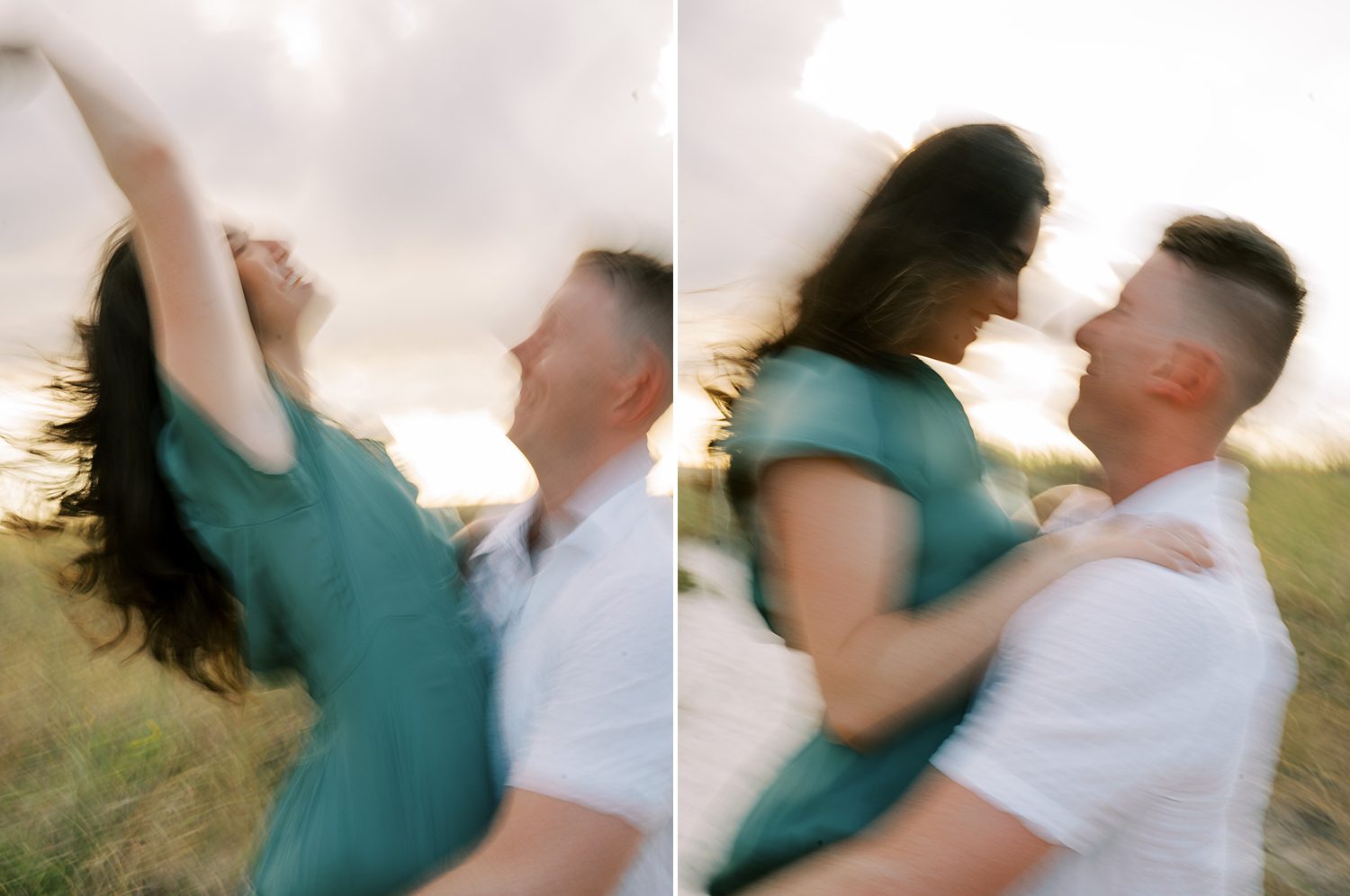 blurry photos of couple dancing on beach during engagement session in Tampa FL