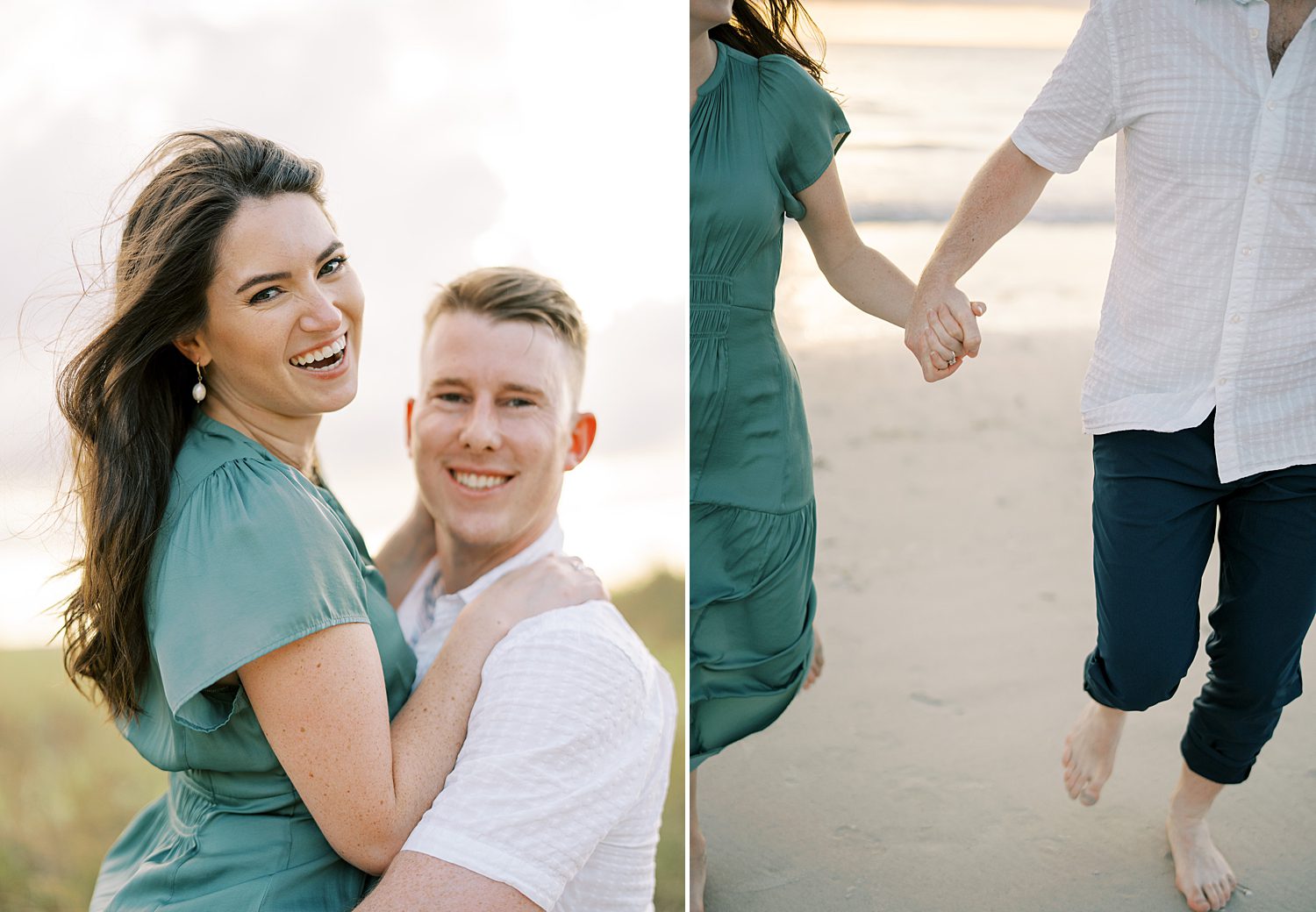 engaged couple holds hands running on the beach during Tampa FL engagement photos 