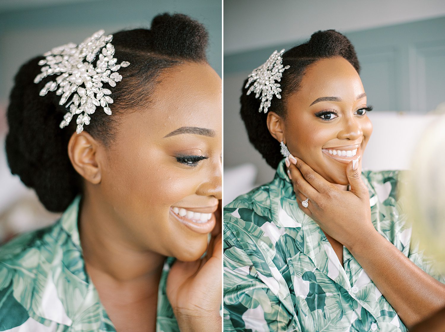 bride smiles in green and white tropical robe before FL wedding day