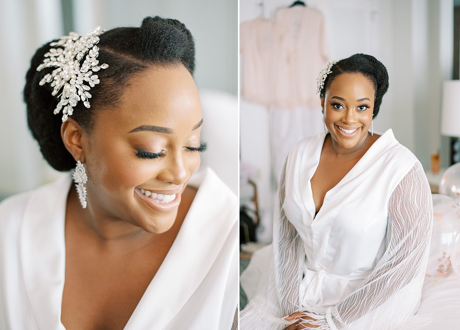 bride in white robe smiles looking over shoulder with hairpiece 
