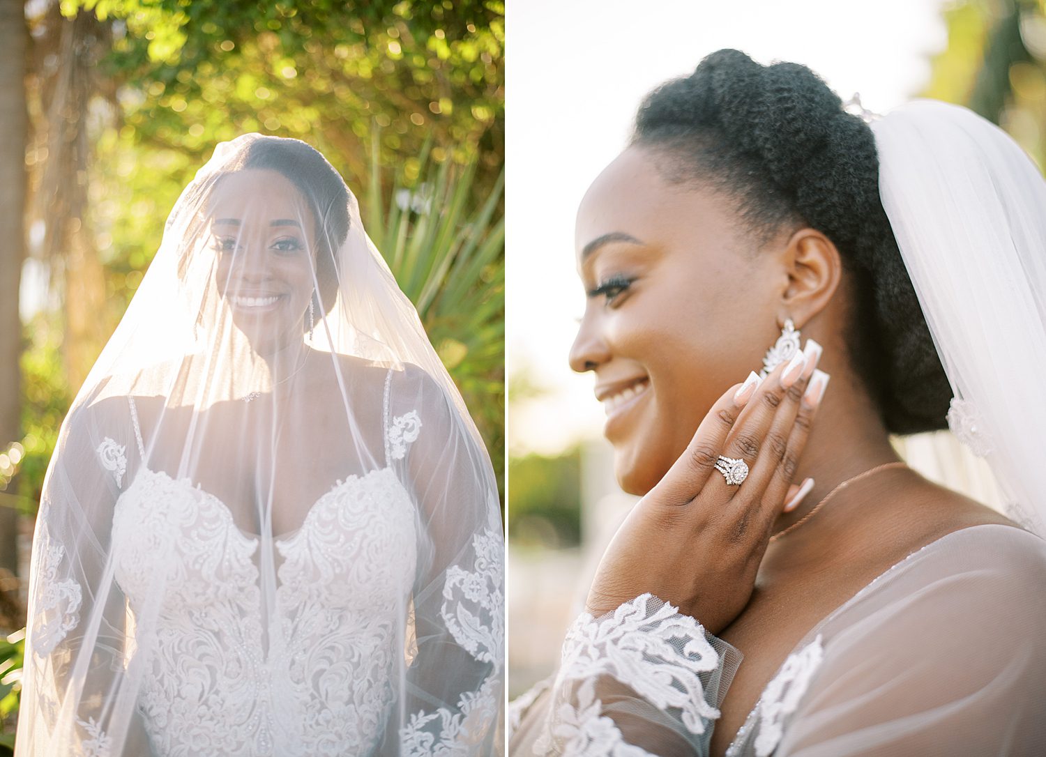 bride smiles under veil in wedding gown with lace sleeves 