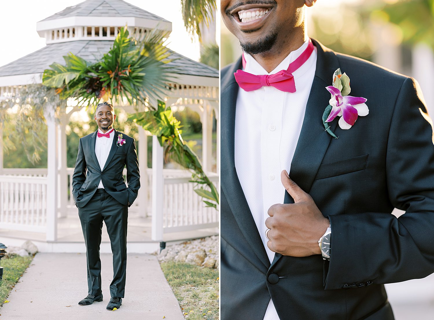groom holds lapel of black suit with pink bow tie and topical boutonnière 