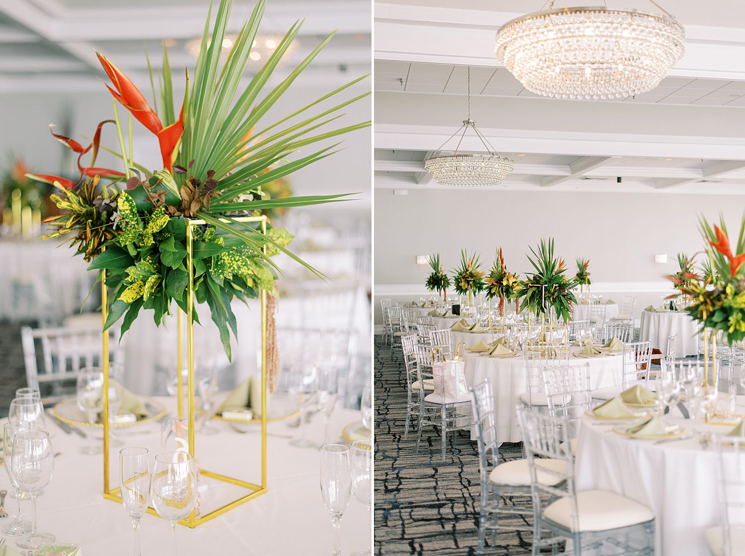 gold and tropical flower centerpieces for The Rusty Pelican Tampa wedding reception 