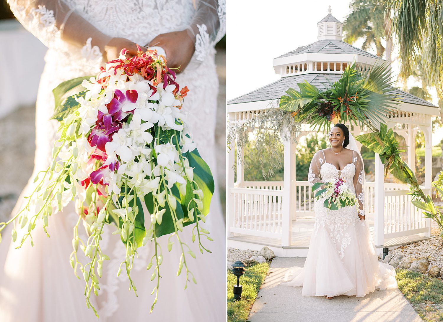 bride poses outside gazebo holding tropical bouquet for Florida wedding 