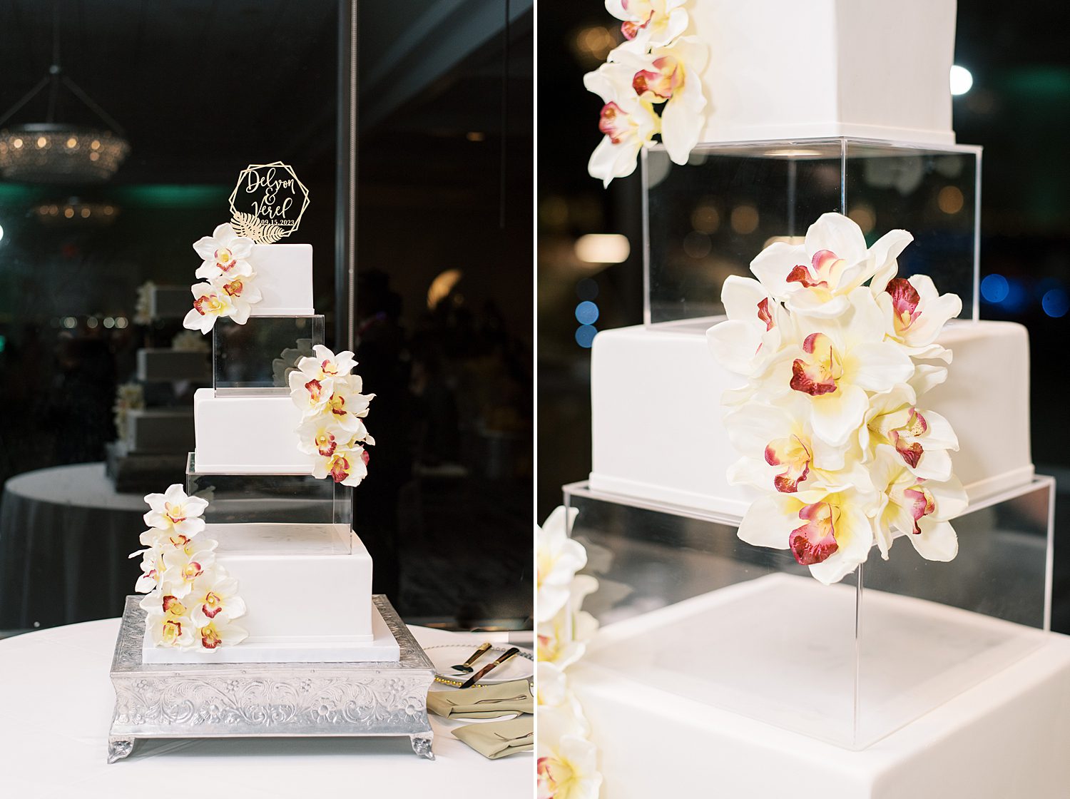 tiered wedding cake with square cake and orchid accents 