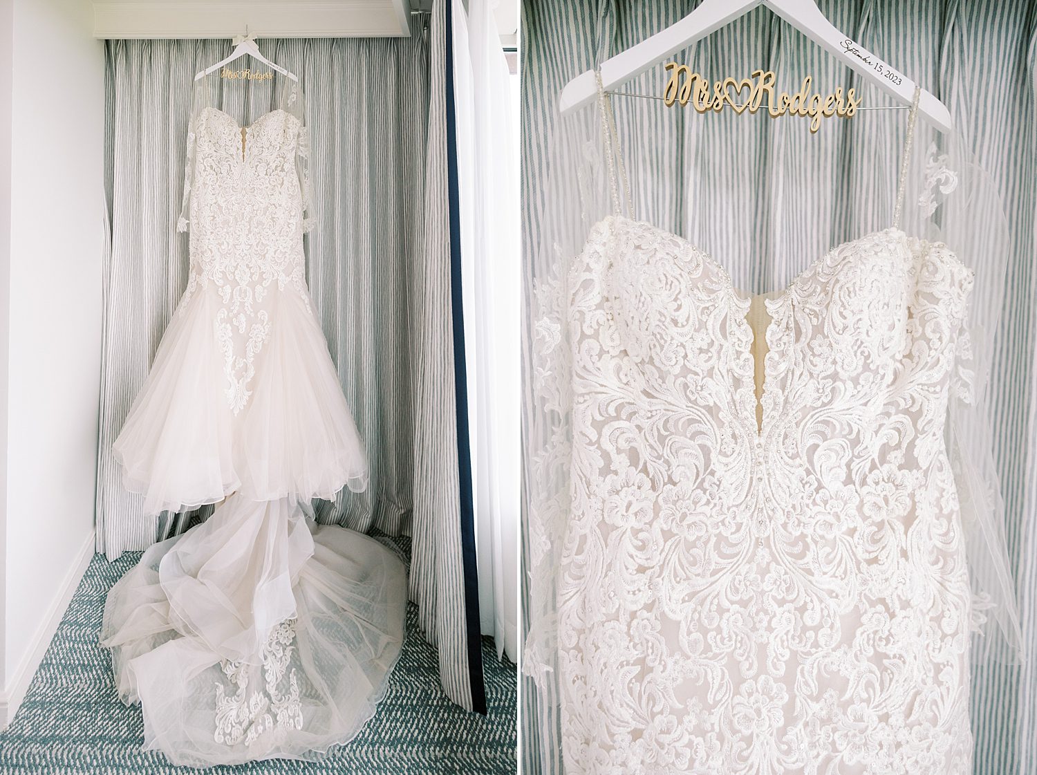 wedding dress hangs on custom hanger with gold lettering 