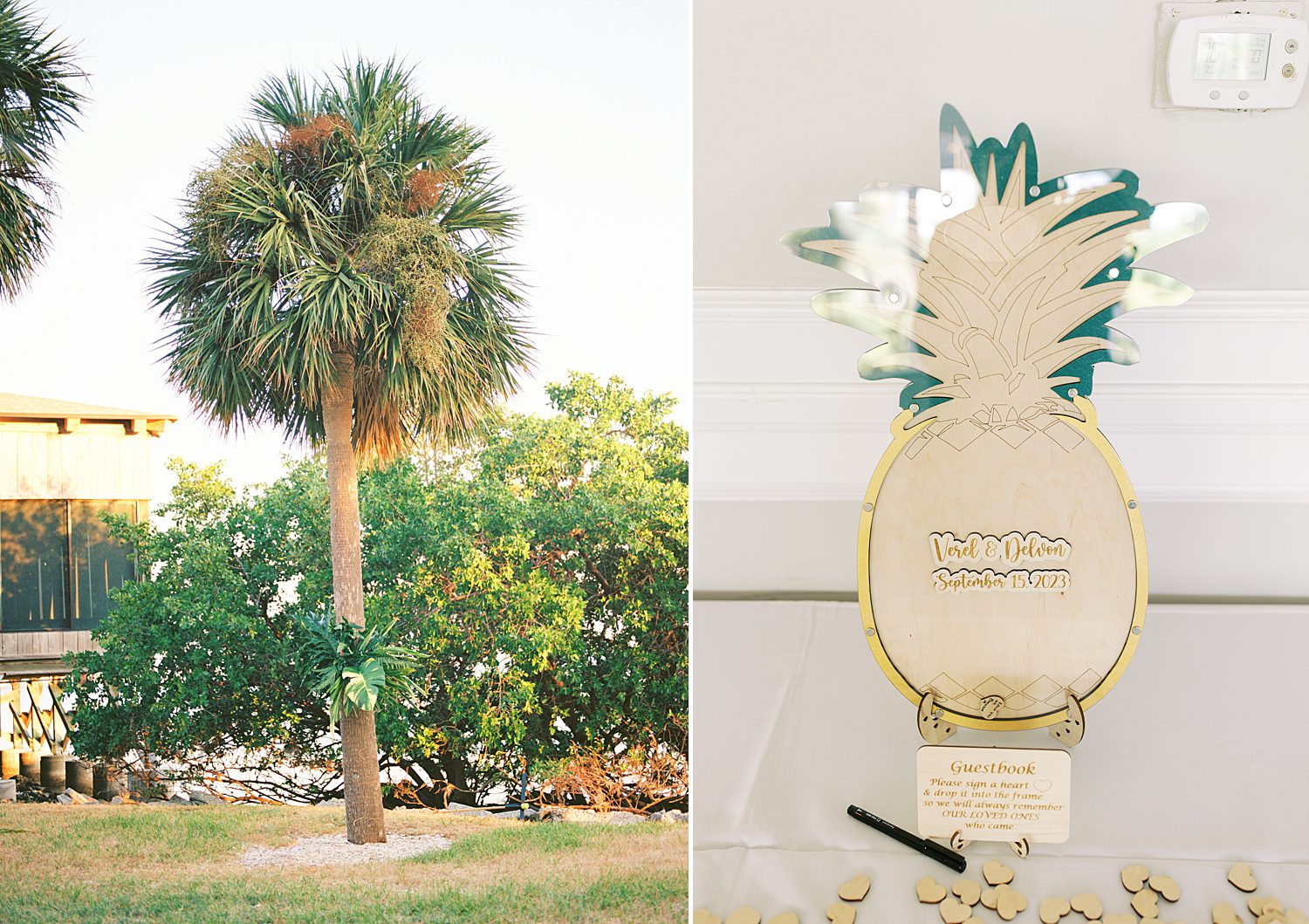 palm trees and pineapple guest book for wedding at The Rusty Pelican Tampa