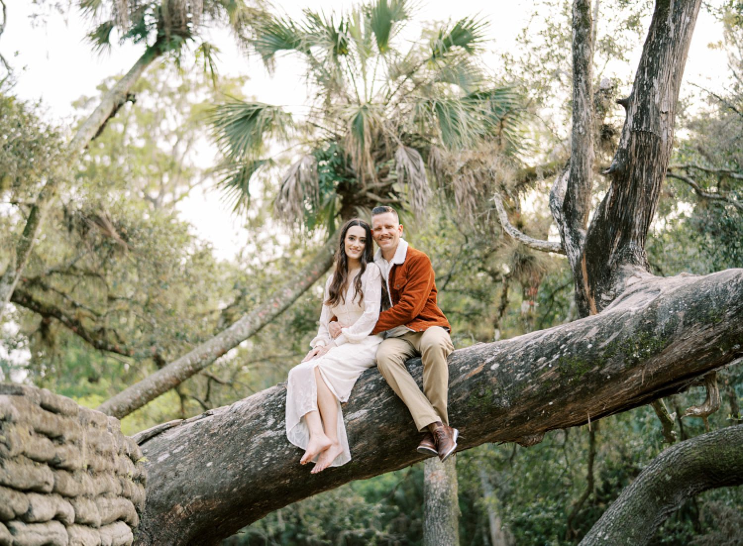 couple in chic outfits sit on tree branch in Hillsborough River State Park