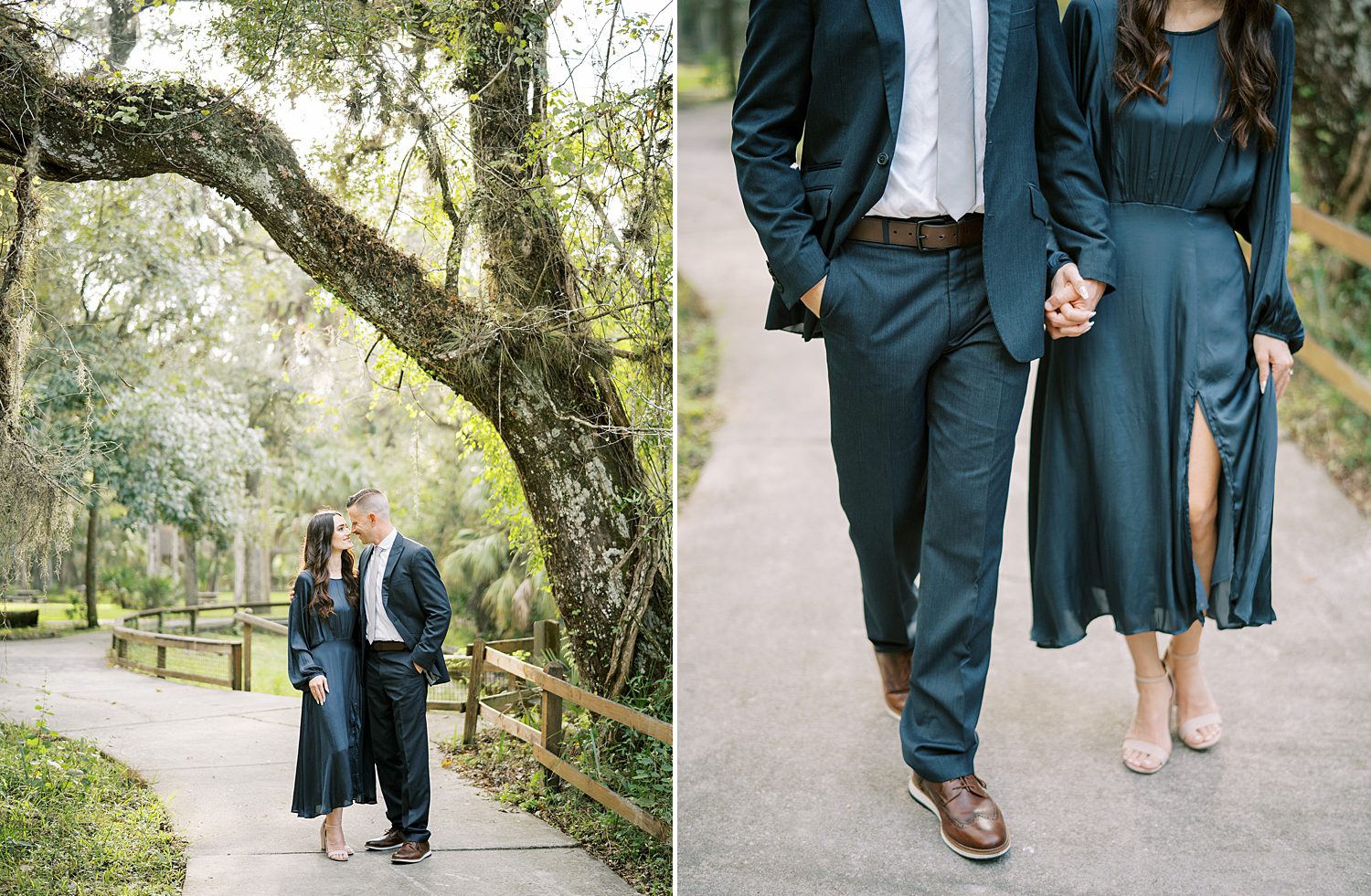 engaged couple holds hands walking down wooden path at Hillsborough River State Park