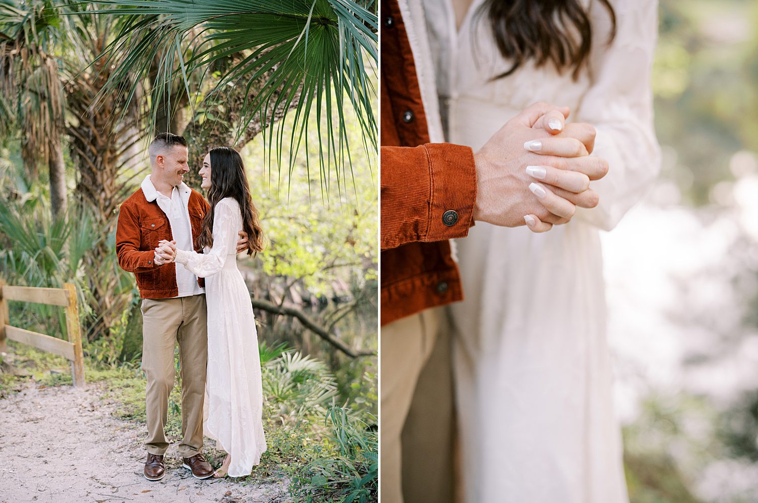 man in orange jacket hugs woman in white linen dress 