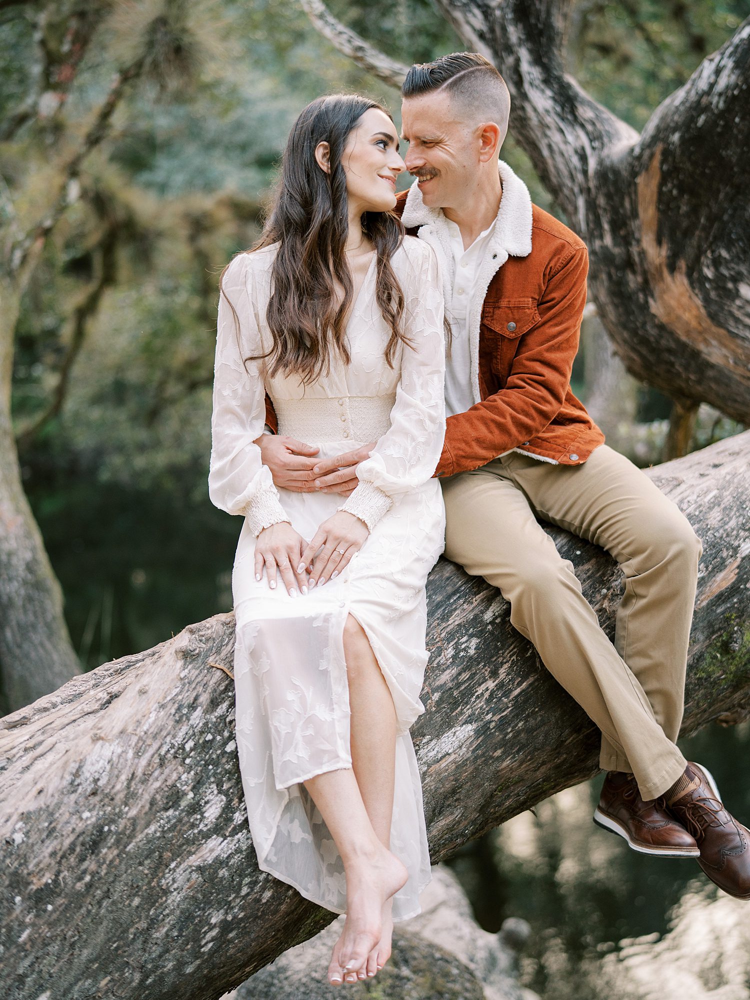 engaged couple sits on tree branch inside Hillsborough River State Park