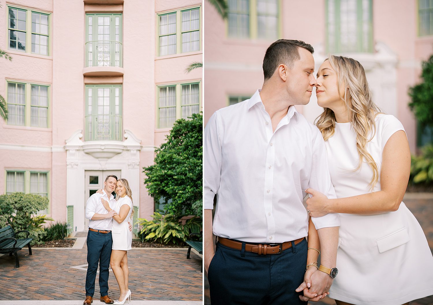blonde woman leans to kiss fiancee outside pink Tampa Museum of Fine Arts