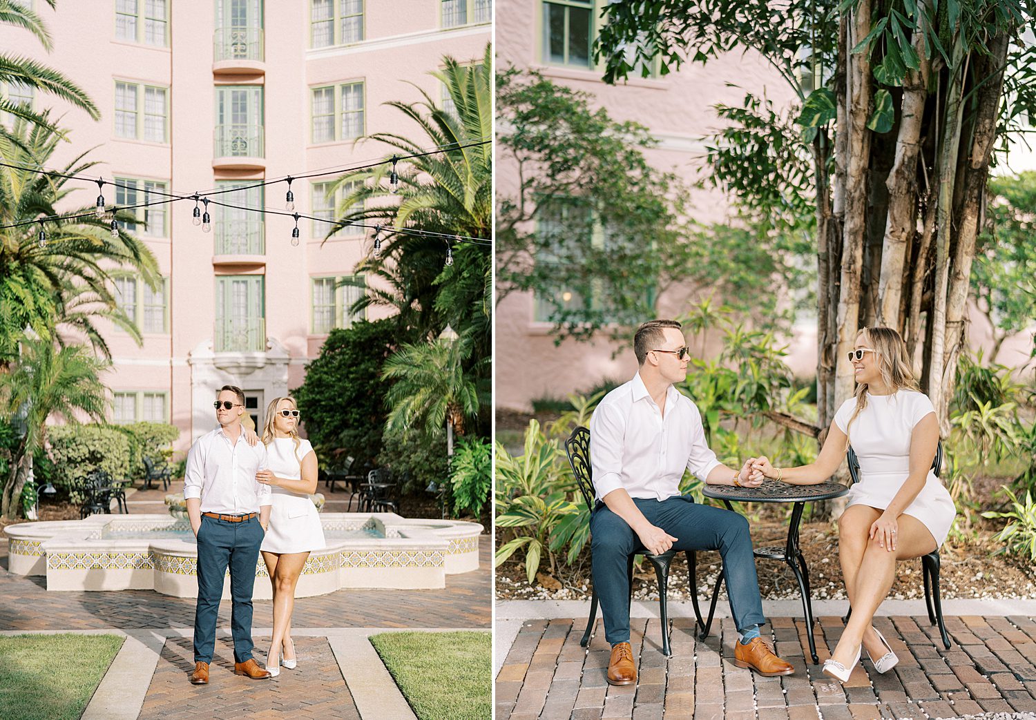 engaged couple sits at table talking in front of the Tampa Museum of Fine Arts