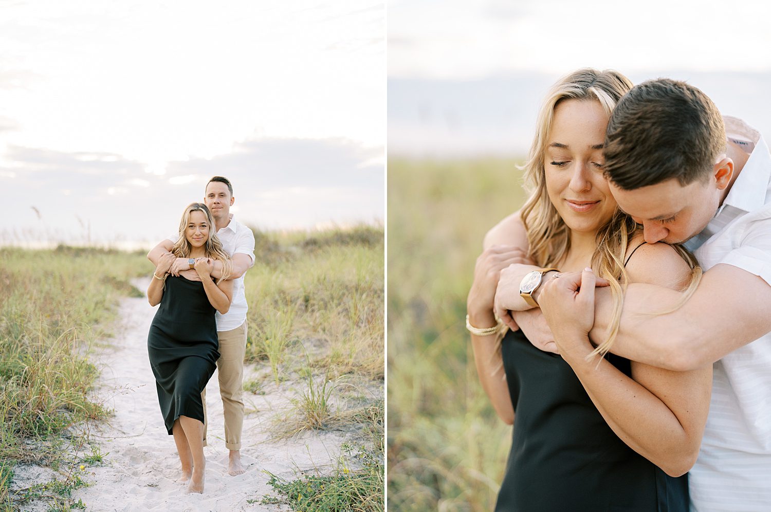 man hugs woman from behind kissing her shoulder during Tampa FL beach engagement session