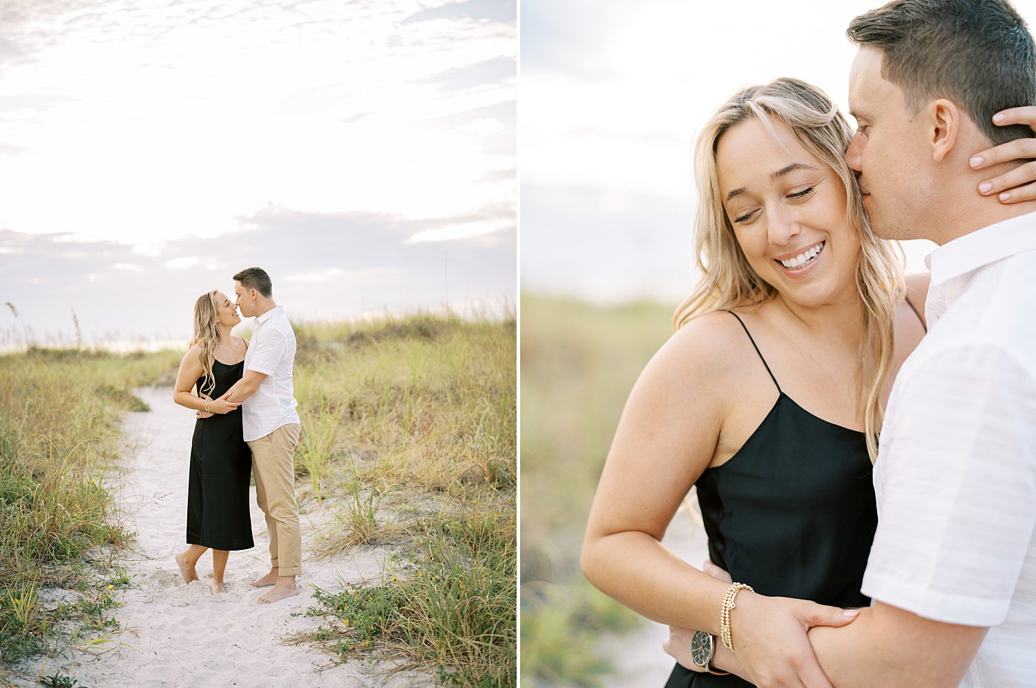 engaged couple hugs on dune during Tampa FL beach engagement session