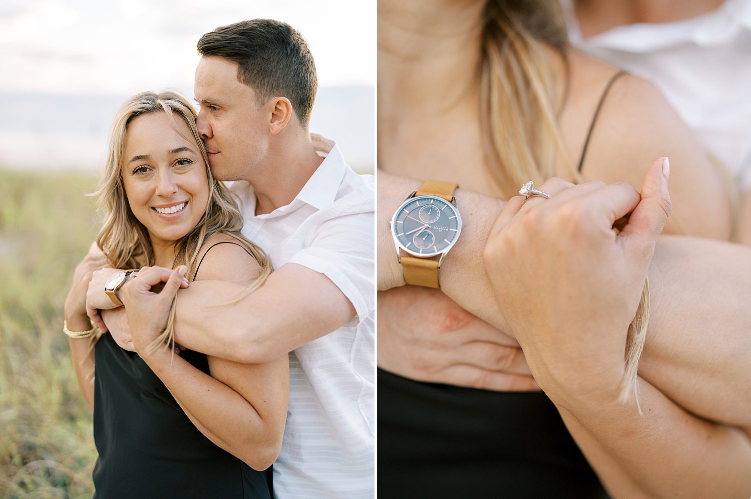 couple hugs on beach showing off engagement ring during Tampa FL beach engagement session