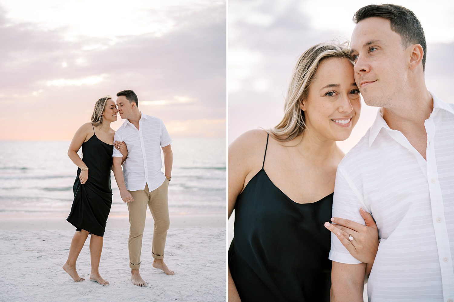 engaged couple hugs at sunset during Tampa FL beach engagement session