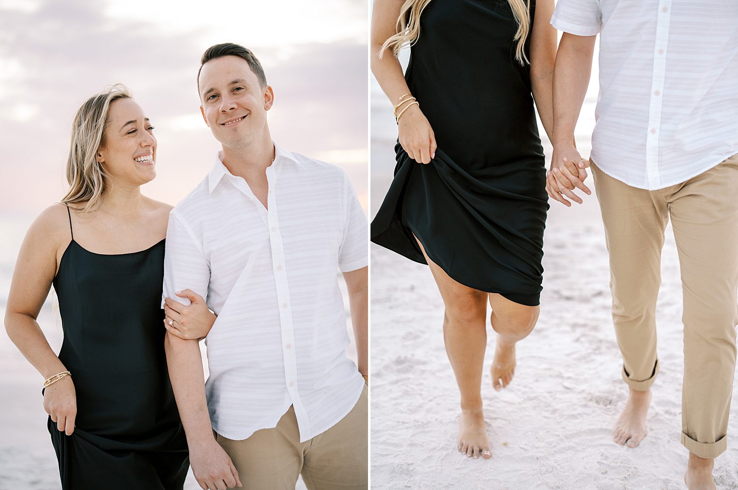 couple holds hands walking on Tampa beach during engagement session in Tampa FL